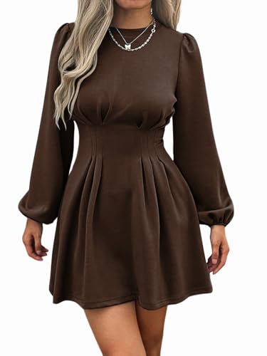 Evzeiem Work Dresses for Women 2026 Fall Winter Business Casual Dress Long Puff Sleeve High Waist A Line Short Office Dress, Brown L
