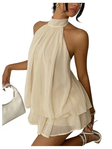 Verdusa Women's Chiffon Halter Drop Waist Flowy Wedding Guest Mini Dresses | Bouncy Dress, Sleeveless, Ruffle Hem, Loose Fit, Brunch Outfits, Birthday, Going Out, Cocktail, Y2k, Beige, X-Large