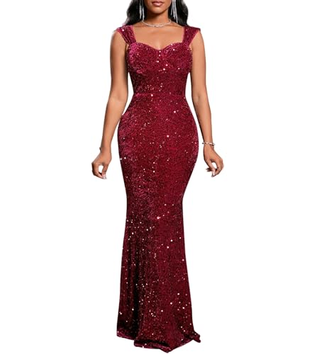 dasmzper Women’s Sequin Evening Gown – Elegant Sleeveless V Neck Mermaid Formal Maxi Dress for Wedding, Prom or Party Red
