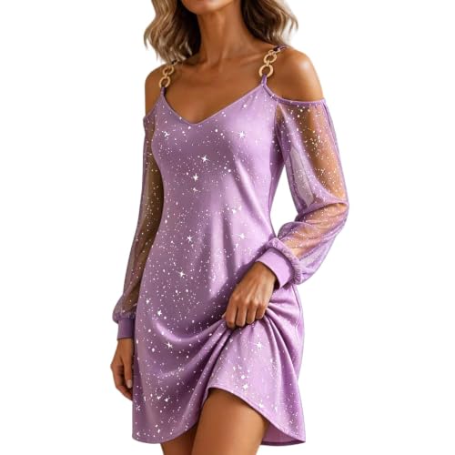 Women Cold Shoulder Sparkly Mini Dress V Neck Long Sleeve Dresses