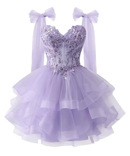 Zeeyecie Light Purple Tiered Tulle Homecoming Dresses Sparkly Lace Applique Beaded Sequined Short Prom Dress for Teens Quinceanera DAMA Dress US18W