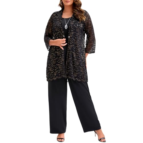 Plus Size Mother of The Bride 3 Piece Lace Pant Suit Set Formal Wedding Guest Attire for Weddings Evening Party Occasions Black