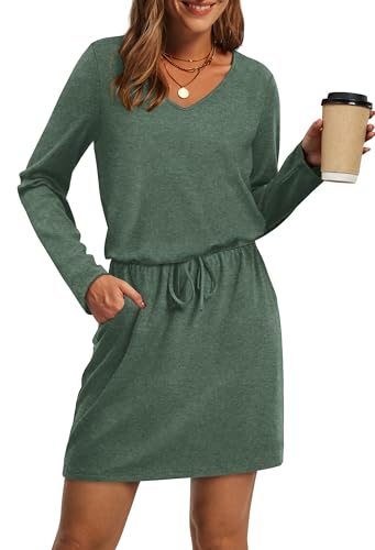 OFEEFAN Dresses for Women Casual Vacation Beach Graduation Women Summer Fall Dresses for Women with Pockets Green M