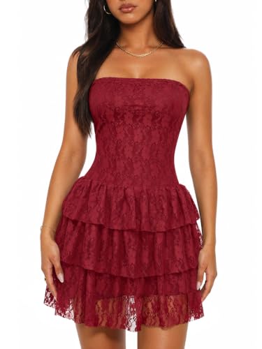 Muchpow Women's Strapless Mini Dress Lace Ruffle Dresses (Wine Red,Large)