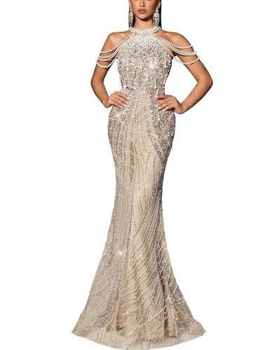 VOUIAO Women Sequin Mermaid Evening Gown Halter Beaded Prom Dress Beige S