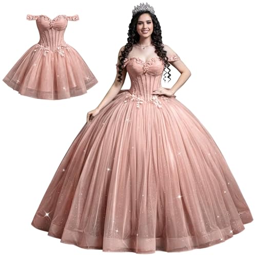 Mauuwy 2 in 1 Quinceanera Dress Blush Pink Ball Gown with Bow Size 10 | Off Shoulder vestidos de 15 Quinceañera, with Detachable Skirt 3D Flower Short Quince Dresses