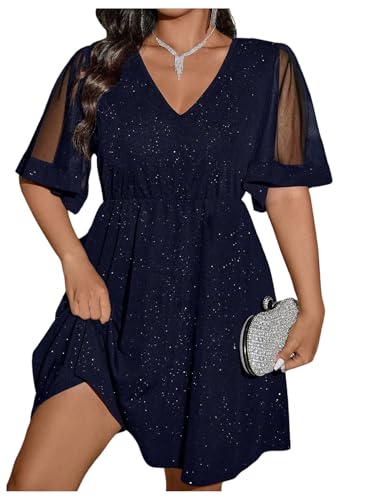 Floerns Women's Plus Size Mesh Flounce Sleeve V Neck Glitter A Line Dress