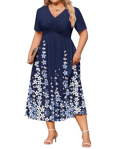 IN'VOLAND Plus Size Womens Summer T-Shirt Dress Crew Neck Short Sleeve Casual Midi Dresses Fashion Clothes Navy Blue Floral