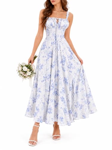 IBTOM CASTLE Women Floral Corset Dress: Ladies Boho Midi Dress Spaghetti Straps Square Neck Casual Flowy Slit Lace Up Bustier Dresses Party Going Out A Line Summer Sundress White & Blue Floral M