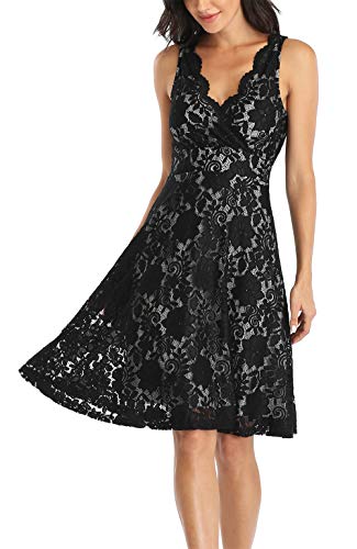 MISS MOLY Women Floral Lace Overlay Fit and Flare Dress V Neck Knee Length Elegant Wedding Party Dress Black L