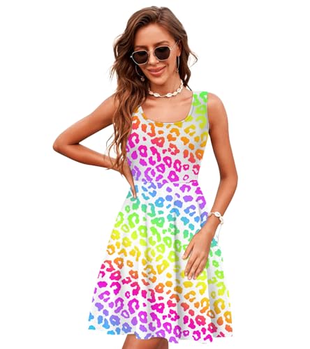 uideazone Colorful Leopard Dress Women Sleeveless A-Line Sling Midi Dress | Leopard Dress for Women Gradient Print A-line Sundress for Casual Strolls Walks Fall Weekend Trip Beach Vacation