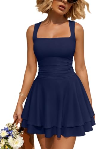 Trendy Queen Women Mini Summer Party Homecoming Beach Vacation Sun Dresses | Blue Hoco Square Neck Flowy Short Sundress, 2026 Spring Cruise Outfits, Athletic Cute Clothes, Date Night Resort Wear