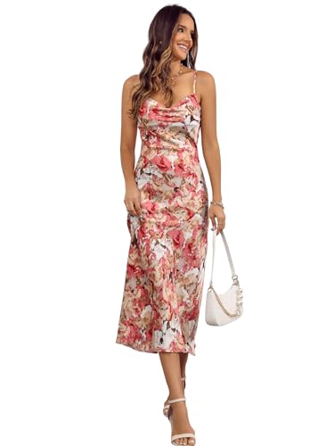 Women's Spaghetti Strap Midi Satin Silk Dresses Slip Cowl Neck Party Cocktail Evening Sexy Dress