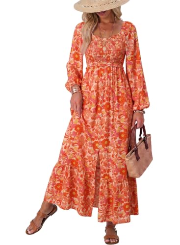 Dokotoo Sundresses for Women 2026 Smocked Waist Long Sleeve Button Down Square Neck Flowy Cute Boho Beach Vacation Sun Dress Elegant Classy Ruffle Long Maxi Dresses Western Outfit Orange XX-Large