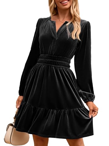 Simplee Womens Velvet Wedding Guest Dress 2026 Birthday Holiday Winter Cocktail Long Sleeve Empire Waist V Neck Party Skater Mini Dresses with Pockets(Black L)