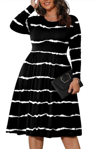 POSESHE Womens Plus Size Dresses Knee Length Tshirt Casual Home Swing Loose Juniors Dress with Pockets,Black Stripe,3XL