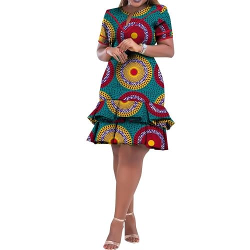 BAZINRICHE African Dresses for Women Ankara Clothing Short Sleeve Dress Wax Print