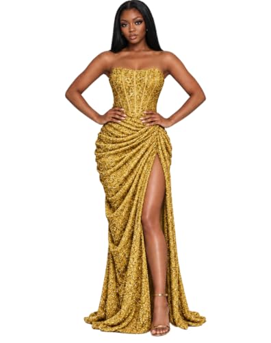 EDECPBM Strapless Sequin Prom Dress for Women Corset Formal Evening Gown