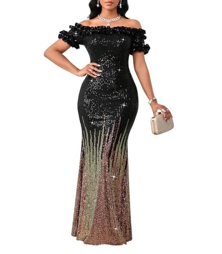 dasmzper Women Sexy Sequin Off Shoulder Ruffle Short Sleeve Bodycon Mermaid Party Formal Evening Maxi Dress