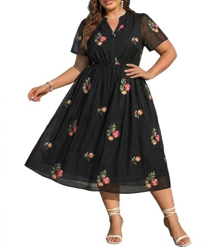 RITERA Plus Size Summer Midi Dress for Curvy Women, A-Line Black Floral 3XL