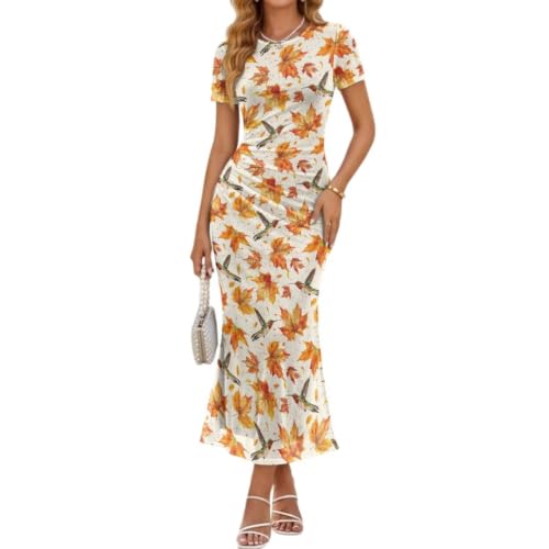 Gomyblomy Hummingbird Maple Leaf Fall Dresses for Women Bodycon Maxi Dress