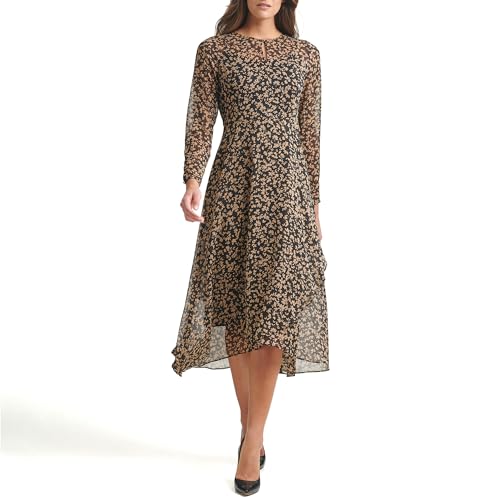 Tommy Hilfiger Women's Long Sleeve Keyhole Neck Chiffon Hi-Lo Midi Dress, Black/Tannin, 12