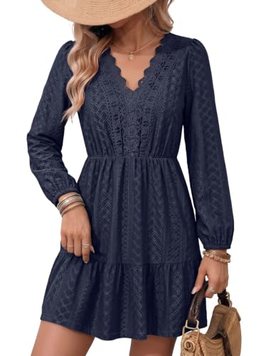 Dokotoo Sundresses for Women Elegant Lace A-Line Dress, Navy, Small | Hollow Out, Embroidered, V Neck, Long Sleeve Dress, Fall Summer, Casual Bohemian, Swing Flared,, Wedding Guest Party Teacher