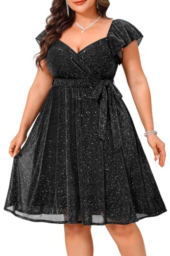 Plus Size Black Sparkly Cocktail Dress V Neck Ruffle Sleeve Wedding Guest