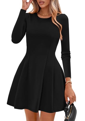 PRETTYGARDEN Womens Long Sleeve Pleated Mini Dress,Black,M