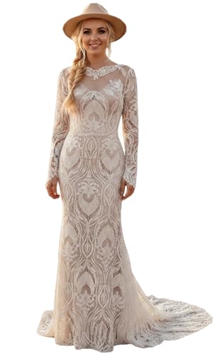 Lanbaodress Lace Boho Wedding Dresses for Bride 2026 Long Sleeve Mermaid Beach Bridal Gown with Sweep Train Nude B Size 10
