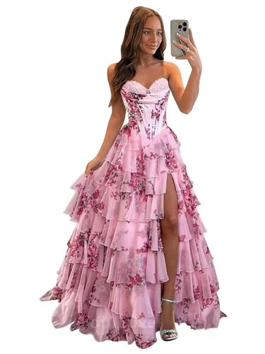 SWEMILE Womens Prom Dress Floral Print Tiered Sweetheart Chiffon Formal Evening Party Gowns with Slit Pink M