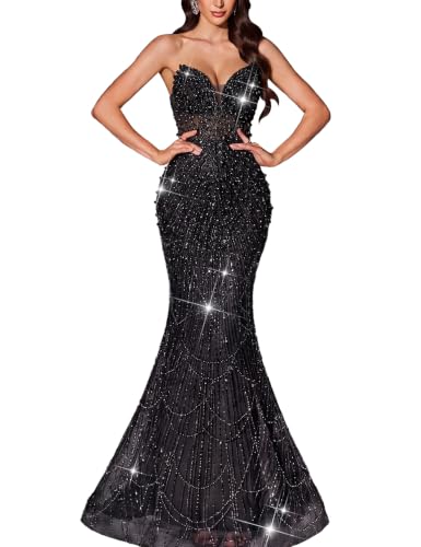 VOUIAO Women Beaded Prom Dresses Sequin Formal Evening Gown Black XXL