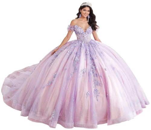 DXUOPL Lilac 3D Flower Quinceanera Dresses Sparkly Tulle 15 Dress Size 0