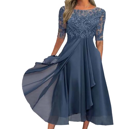 MTNESKRD Womens Wedding Guest Boat Neck 3/4 Sleeves Chiffon Tea Length Dresses Blue X-Large