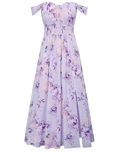 GRACE KARIN Summer Purple Floral Dress for Women 2026,Off the Shoulder Smocked Bridesmaid Dresses,Formal Baby Shower Maxi Dresses L