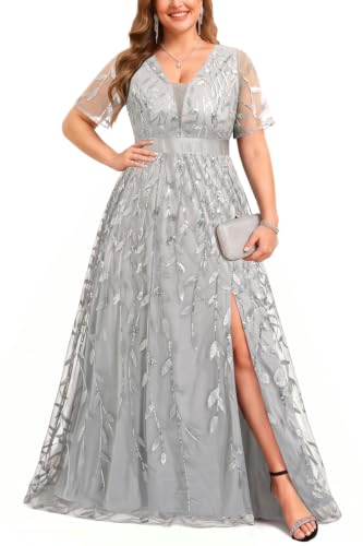 Talisea Plus Size Formal Dress Silver Grey Sequin Wedding Guest Gala Gown