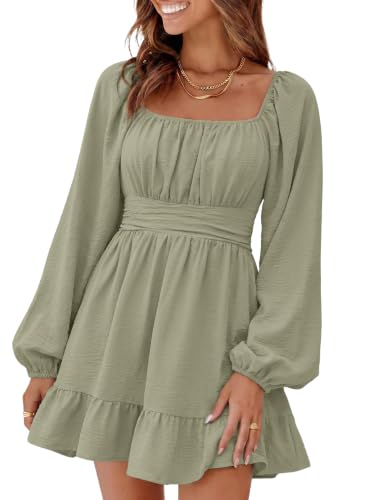 Dokotoo Fall Dress for Womens Fashion 2026 Elastic Waist Grey Dresses XS | Square Neck,Off Shoulder,Flowy,Ruffle A-Line,Casual,Mini Dress,Beach Vacation Clothes,Fall Outifits,Wedding Guest,Boho