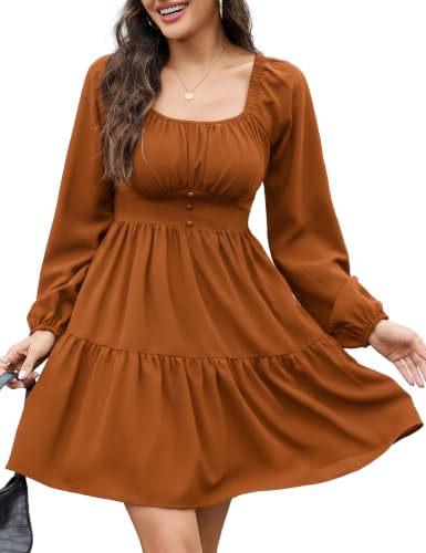 Amoretu Women's Fall Casual Square Neck Smocked Mini Long Sleeve Dress
