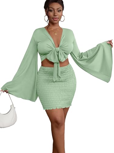LYANER Women 2 Piece Vacation Outfits Tie Knot Front Bell Long Sleeve Crop Top and Mini Skirt Summer Set Light Green Medium