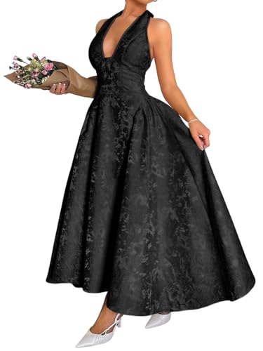 ChiaoLezhee Jacquard Maxi Dress, V Neck A Line, Wedding Guest Prom, Halter Corset Pastel Tea Party Vacation Semi Formal Garden Long Dresses for Women Drop Waist Deep Sexy Flowy, Black, XX-Large