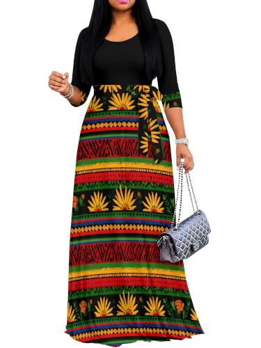 EQQZD Plus Size Maxi Dresses for Women Casual African Print 3/4 Sleeve Crewneck Floor Length Long Dress with Belt and Pockets for Church Black Dresses
