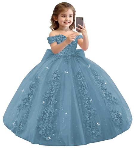 XYAYE Sparkly Dusty Blue Flower Girls Dresses for Wedding Off Dress