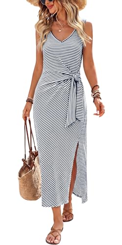 OFEEFAN Formal Dresses for Women Flowy Summer Maxi Dress Cocktail Party Vacation Beach Dresses Business Casual Outfits Vestidos Casuales para Mujer Striped Navy Blue XL