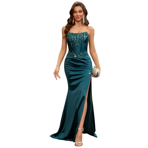 WIOJEIGO Strapless Satin Wedding Guest Dresses for Women Slit Lace Up Long Mermaid Corset Prom Gowns 2025 Emerald Green X-Large