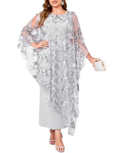 Plus Size Sequin Floral Evening Cape Dress Formal Gown, Silver, 4X