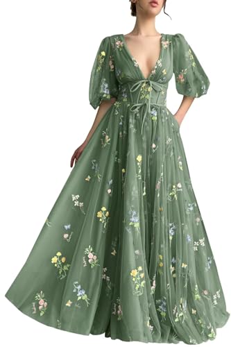 Fivsole Puff Sleeve Prom Dress Flower Long Tulle Formal Gown Green 24