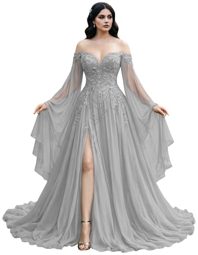 Mauuwy Beaded Civil Rode De Mariage with Side Split Gothic Silver