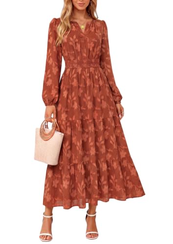 Womens Rust Burnt Orange Long Sleeve Fall Dresses Maxi Wedding Guest Dress