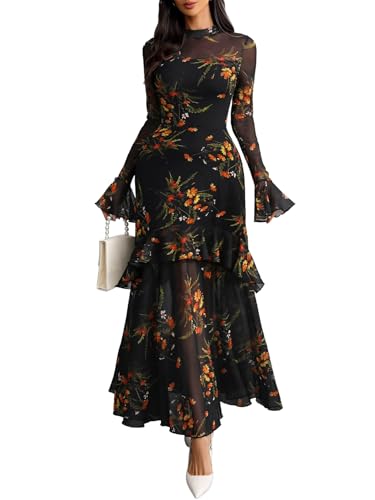 GothDark Women Floral Maxi Dress Bell Sleeve Fall Wedding Guest Dresses