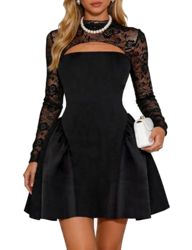 GOKATOSAU Women Elegant Lace Long Sleeve Flare Cocktail Mini Dress Black | Premium Sheer Floral Overlay Design,Sexy Cut Out Mock Neck,Flattering A-Line Silhouette,Fall Evening Swing Party Short Dress